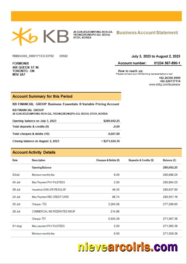 KB Financial Group bank company checking account statement